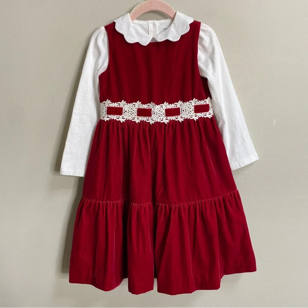 Janie And Jack Red Velvet Holiday Dress With Scallop Collar Top Size 3